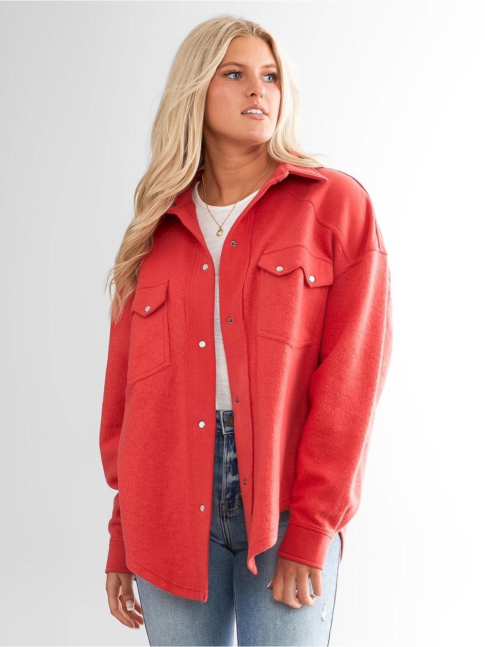 Buckle BKE Size Medium Red Reverse Fleece Snap Front Shirt Jacket Shacket